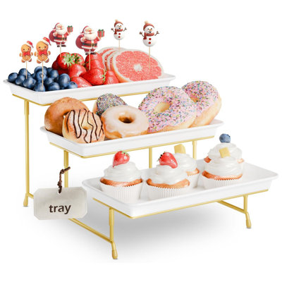 3-Tier Melamine Serving Tray Set Metal Stand Dessert Fruit Display Platter