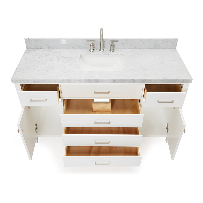 Meuble-lavabo simple 60 po avec plateau en marbre blanc de Carrare Abbate, Blanc, Rectangulaire
