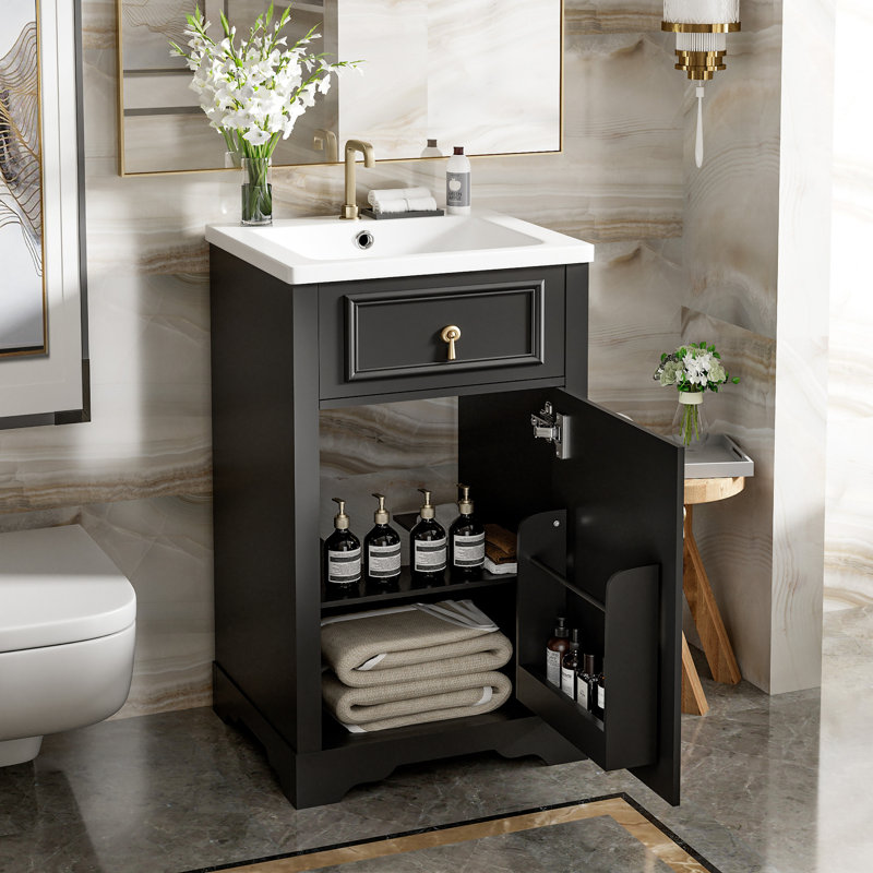 Meuble-lavabo de 20 pouces avec lavabo en céramique, porte à fermeture douce, tablette réglable et support de rangement fixé à la porte - idéal pour les petites salles de bain