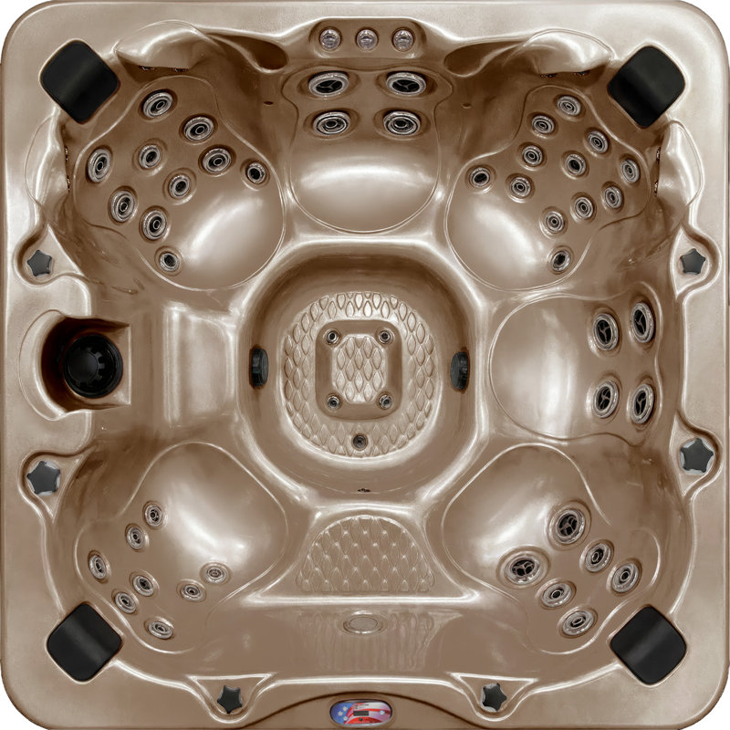 American Spas 7-Person 56-Jet Premium Bench Spa Standard Hot Tub With Sound System And LED Waterfall, Silver Oak, Champagne