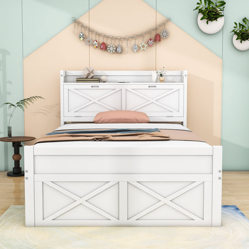 Wood Bed with Storage Headboard,Outlets,Twin Trundle and Three Drawers, Full, White