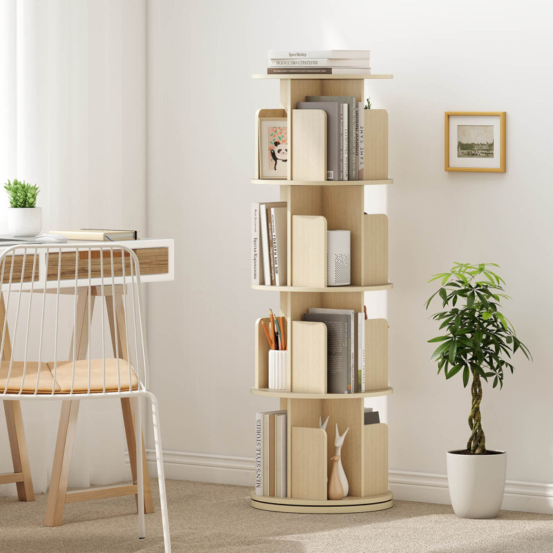 1 PCS 4-Tier Rotating Bookshelf 360° Display Rack with Dividers & Anti-falling Baffles Natural, Natutal