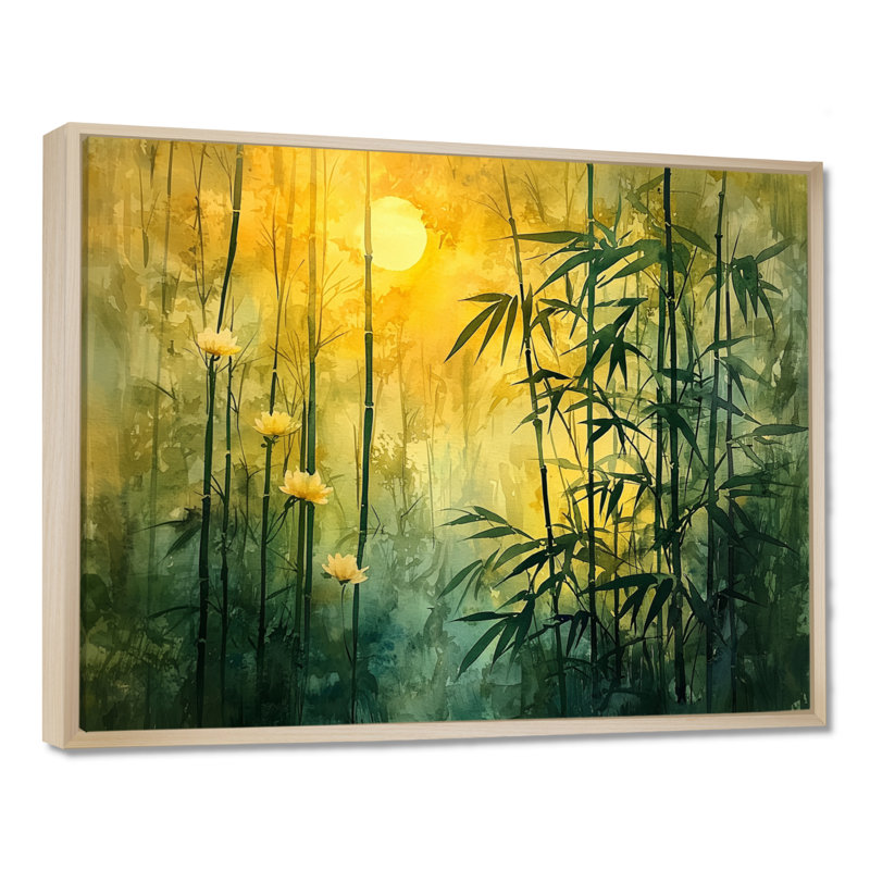 Lueur dorée de forêt de bambou II - décoration murale en bambou, H 30 po x l 40 po, Cadre flottant, Crème, crème