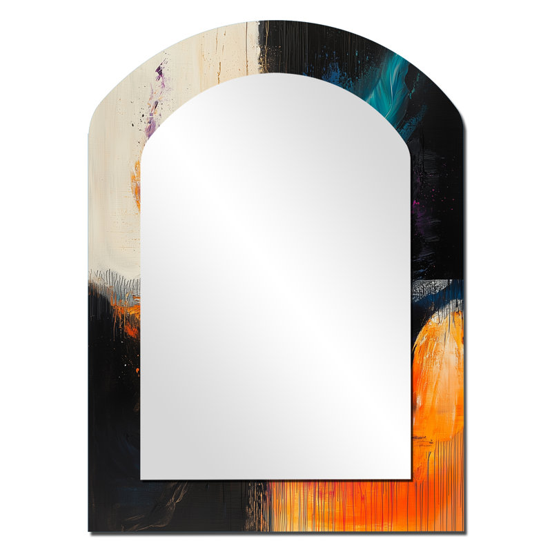 Abstrait noir Maelstrom de l'élégance - Miroir décoratif abstrait en arche sur métal, 34 po x 25 po