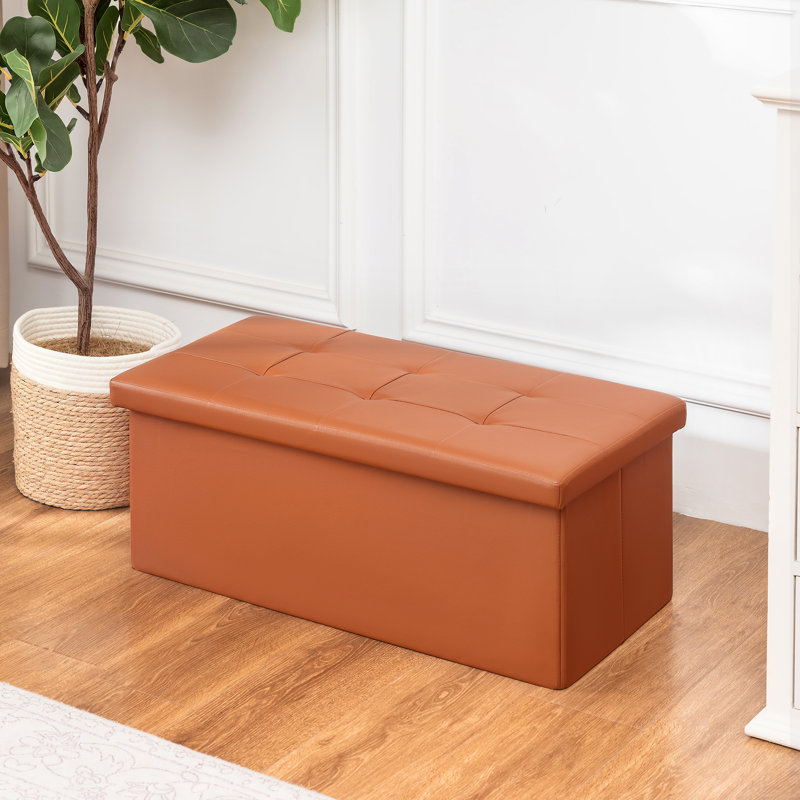 Folding Storage Ottoman With Tray Top – Faux Leather, 30-Inch Collapsible Bench, Footrest & Coffee Table, 300Lbs Capacity