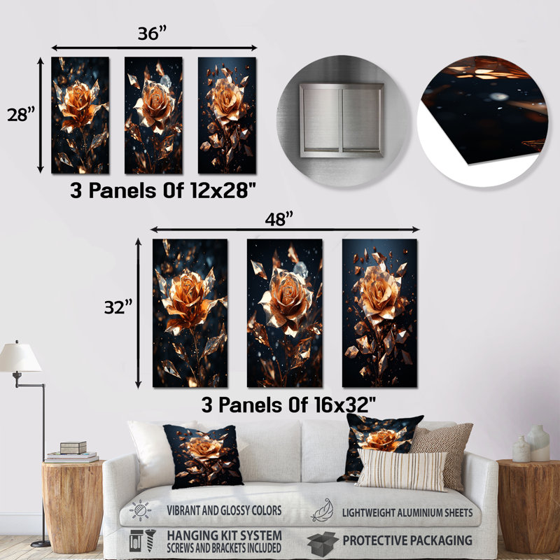 Ensemble de salon mural en métal doré doré et noir I - Rose, H 28 po x l 36 po