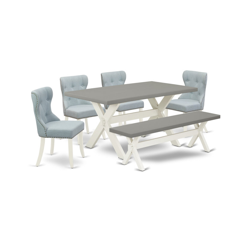 L'ensemble de table de salle à manger 6 pièces contient une table de cuisine rectangulaire avec des pieds en X et 4 chaises Parson en lin bleu bébé avec un banc, en lin brossé blanc 