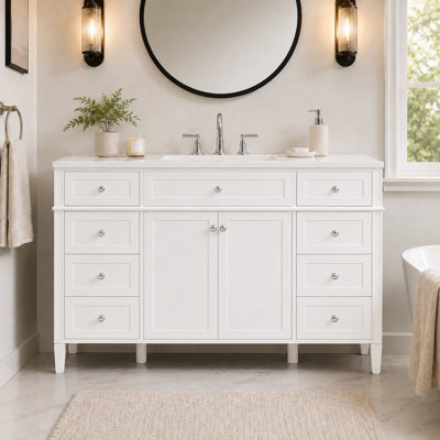 Meuble-lavabo 48 po avec lavabo intégré, armoire en panneau de fibres à densité moyenne autoportant avec 6 tiroirs, 2 portes et poignées en métal argenté