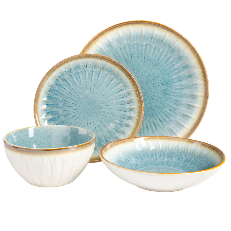 Light Blue Ceramic 16-Piece Embossed Dinnerware Set