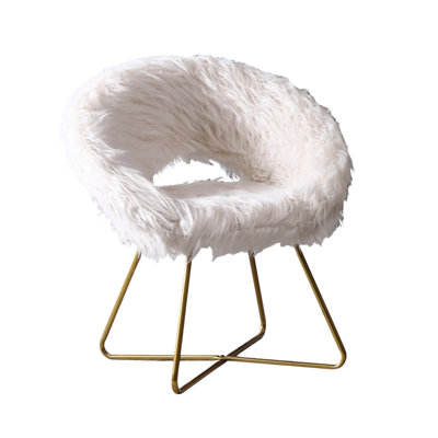 White Faux Fur Accent Chair - Elegant Style, Cushioned Seat, Metal Sled With Gold Finish, Floor Protection, Scratch- Upholstered Modern Glamour, Seat And Back, Frame, Protection