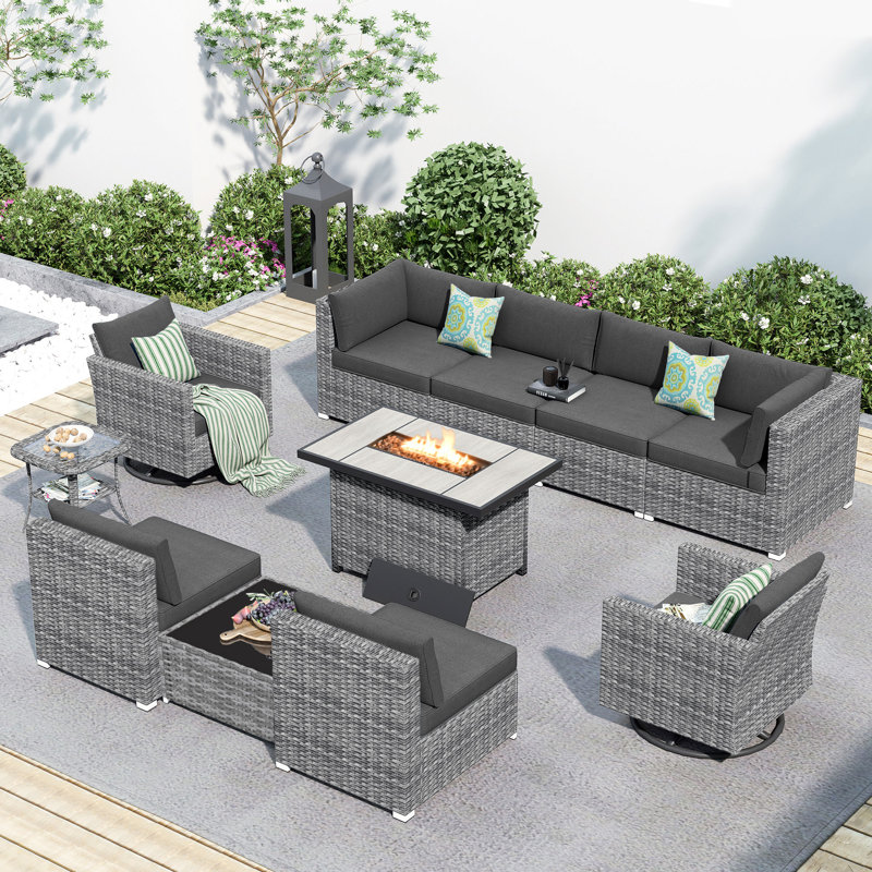 8-Person Outdoor Sectional With Cushions,Swivel Rockers And Fire Pit,All-Weather Wicker Patio Set, Dark Gray