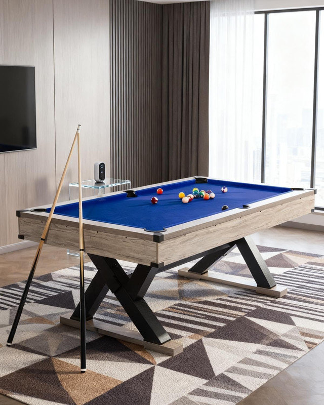 Ensemble complet de table de billard 7 pieds avec pieds en K, queues de billard, boules et tissu pour la salle de jeu, Bleu