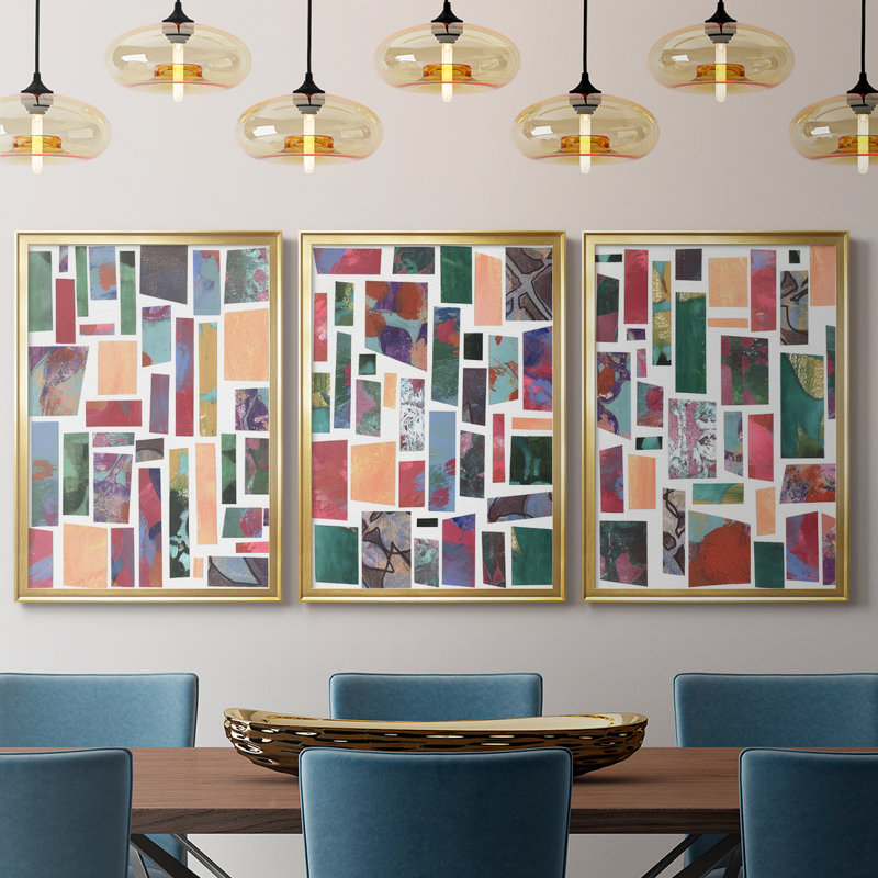 Broken Fragments I - Toile tendue avec châssis sur mesure - 3 pièces, 30" H x 63" W, Doré