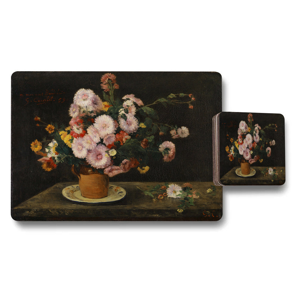 Floral Still Life Placemat And Coaster Set With Vase Bouquet