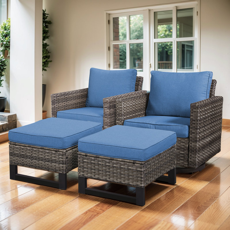 Nazime Outdoor Patio Swivel Rocking Chairs With Ottomans (Set Of 2), Blue