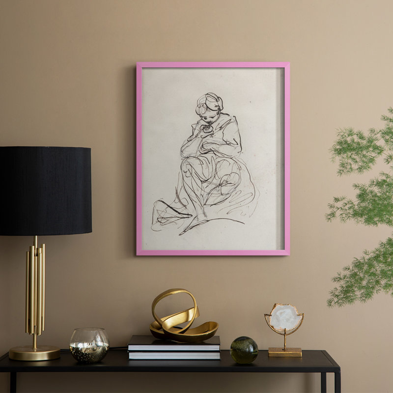 Vintage Sketch LXXVI Framed Print - Solid Wood, 11" H x 9" W, Pink