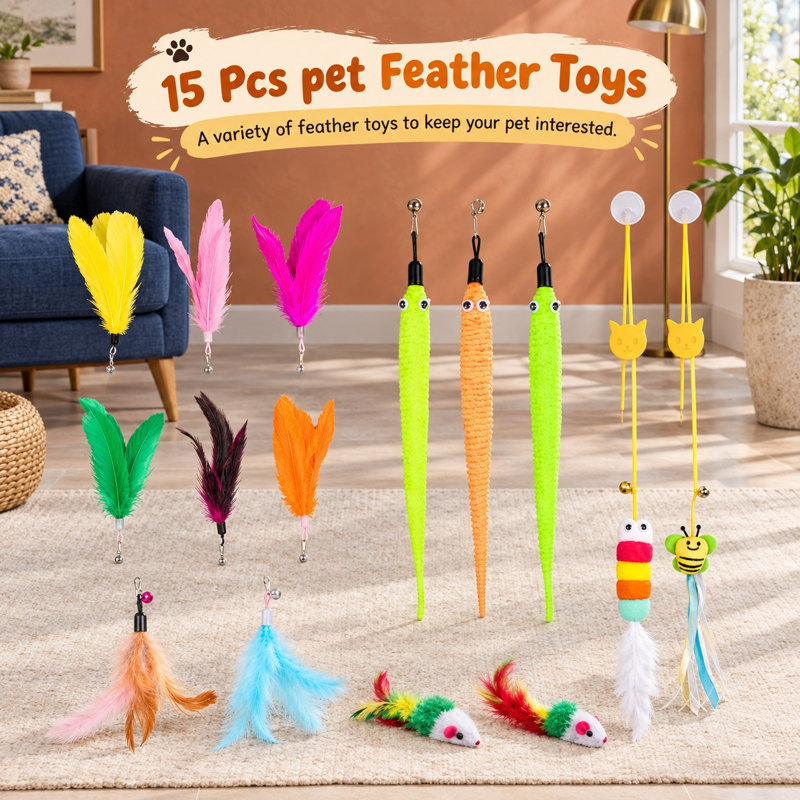 Pour le jeu et l'exercice à l'intérieur, cet ensemble de 15 pièces de baguette pour chat et de plumes offre 2 modes de jeu et une ventouse réutilisable.
