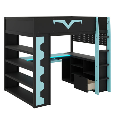 Lit mezzanine pleine échelle Pro-Gamer avec bureau intégré, configuration à DEL RVB, prise de courant, grande bibliothèque, panneau perforé, plateau à clavier et tiroir