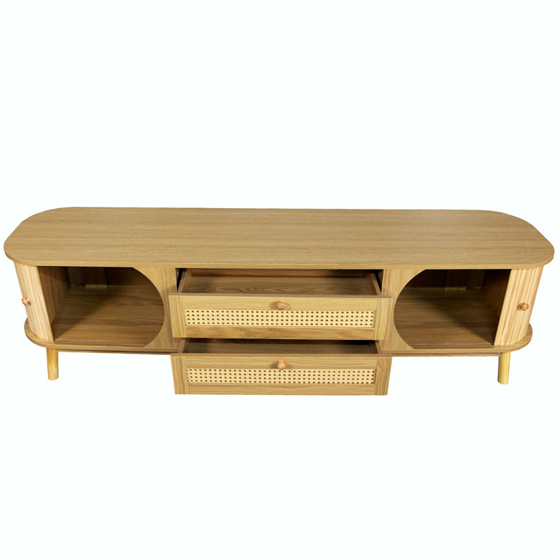 Rattan TV Stand For Tvs Up To 75", Entertainment Center With Solid Wood Legs, Natural Wood