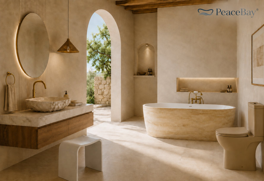 Luxury Mediterranean style bathroom featuring a natural stone freestanding tub, a wall-mounted wood vanity with a textured stone vessel sink, a round backlit mirror, and an arched doorway leading to an outdoor patio with PeaceBay branding.