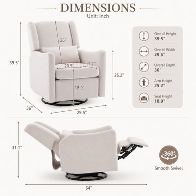 Fauteuil inclinable et oscillant oscillant de 29,5 po de large Rovella en molleton algue, fauteuil inclinable berçant avec repose-pieds, dossier haut et base en métal pour le salon, la chambre à coucher