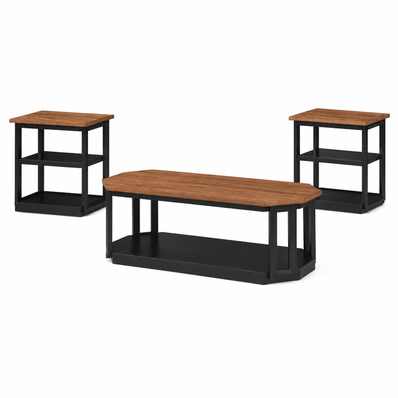 Table basse et table de bout 3 pièces Dany, tablette inférieure, plateau brun et base noire Dany