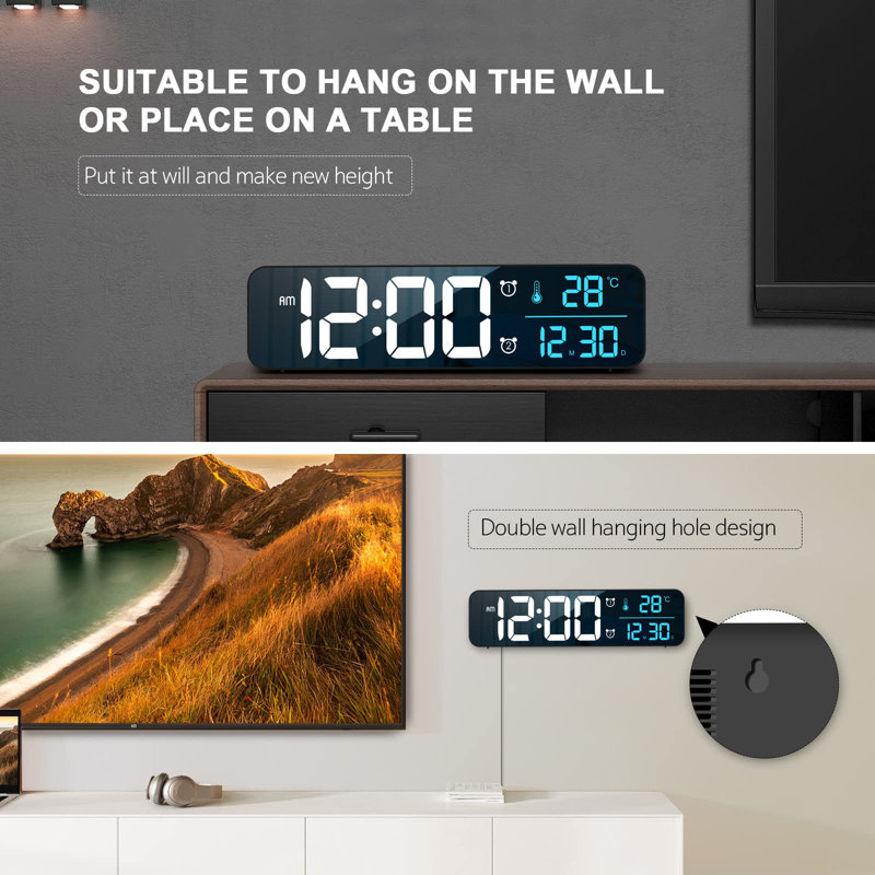 Digital Clock, Large Display Digital Clock, Wired Black + Blue Numbers
