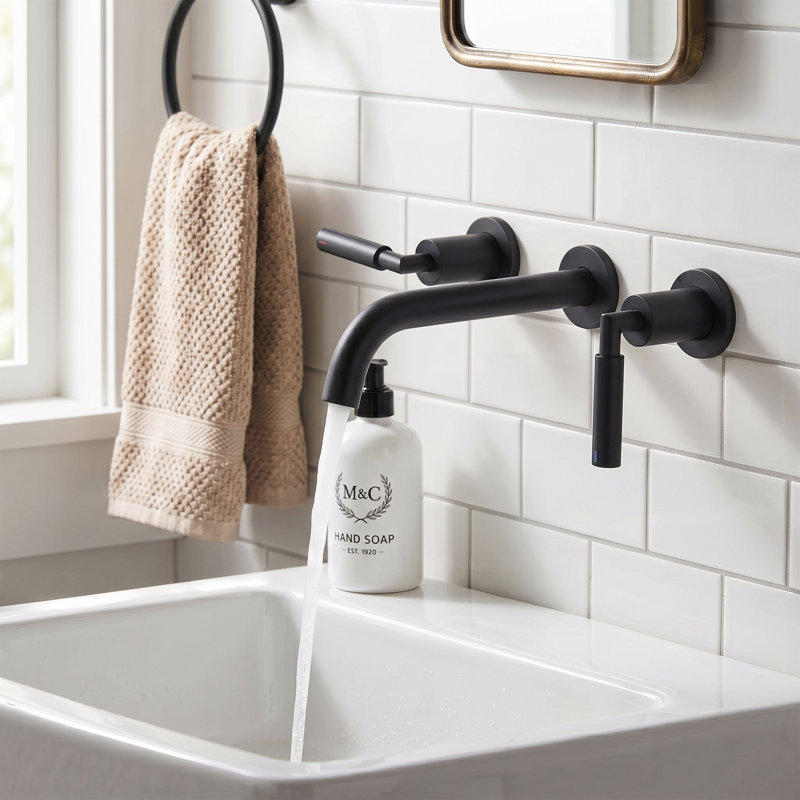 Modern Wall Mounted 2-handle Bathroom Sink Faucet in Matte Black, Solid Brass, Matte Black, Without Drain Assembly