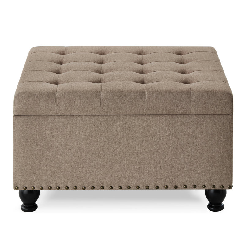 Carré en mélange de lin pour espace de vie et style avec pieds en bois capitonnés élégants, Marron clair