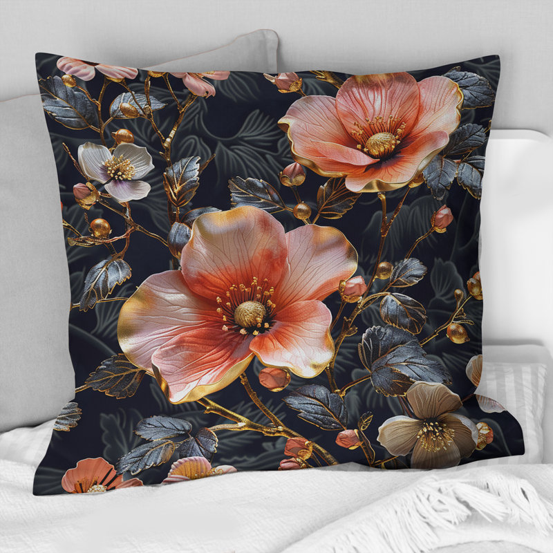 Coussin lombaire bohème rose et noir Boho Floral Meadows II, H 16 po x l 16 po, Carrée