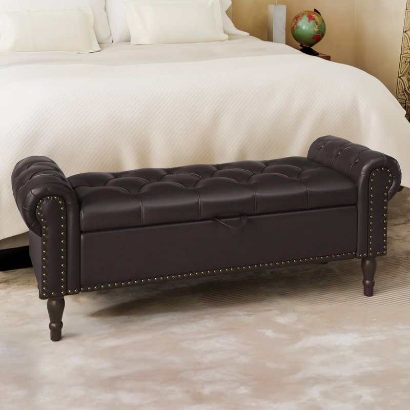 Banc de rangement rembourré Dawsey, H 19,6 po x l 50,7 po x P 17,1 po, Simili cuir brun foncé