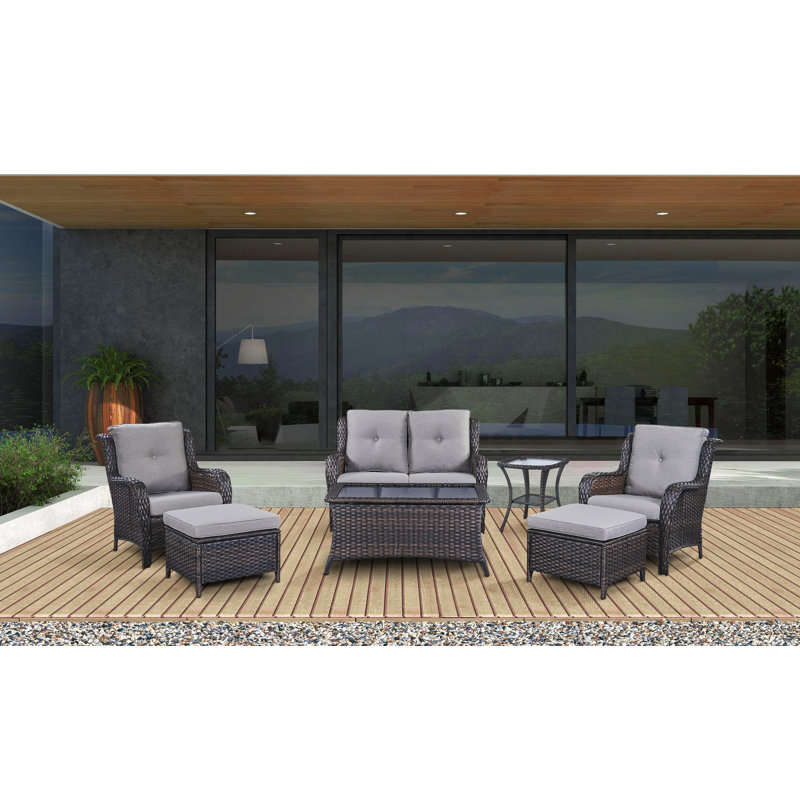Schutt Wicker 4 - Person Patio Conversation Set with Cushions, Gray Cushion/Brown Frame