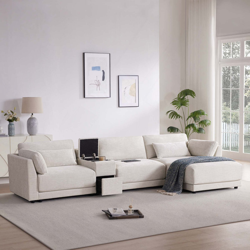 Canapé modulaire en L en chenille avec console de rangement, charge, repose-pieds mobile et design réversible pour le salon