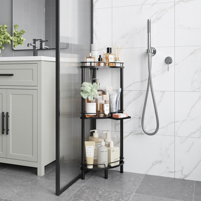 Corner Shower Caddy Standing, 3 Tier Rustproof Metal Shower Organizer With Soap Holder, Floor Shower Corner Shelf Rack Storage Stands With Adjustable Feet & 2 Hooks For Bathroom, Black