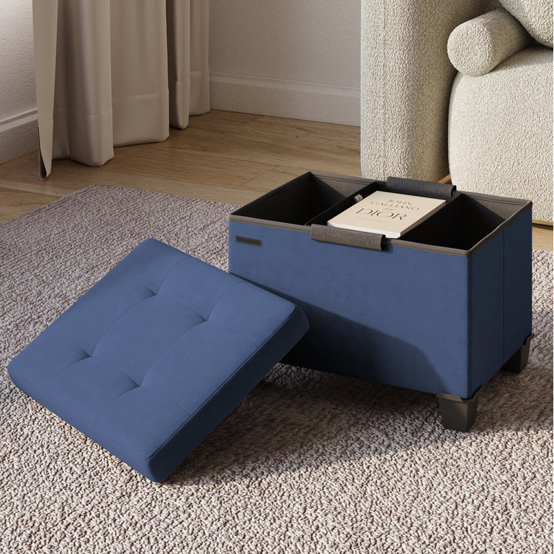 Banc repose-pieds en velours avec rangement amovible Nestl, H 11,5 po x l 16 po x P 10,5 po, Bleu