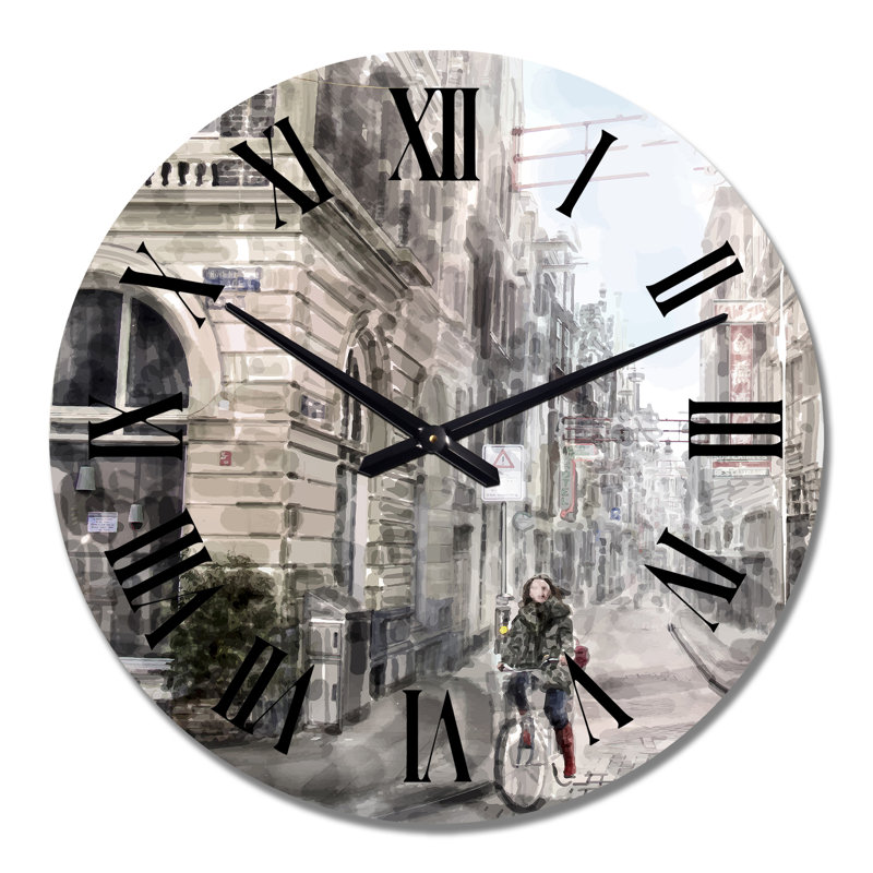 City Street avec une fille sur le vélo - horloge murale Colonial, Moyen