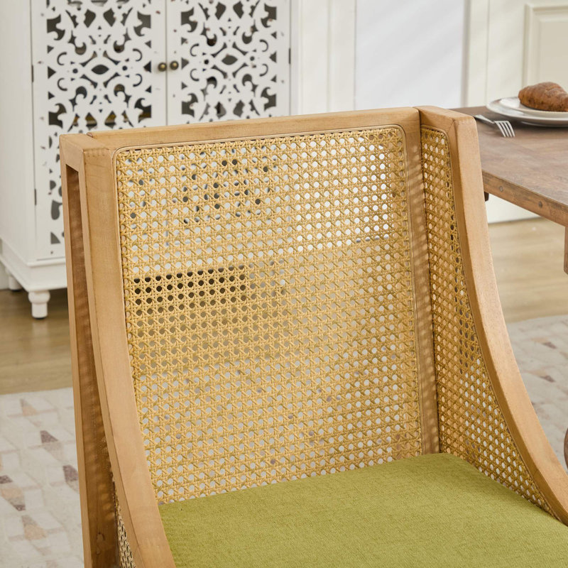 Upholstered Dining Chairs With Rattan Backrest, Olive Green