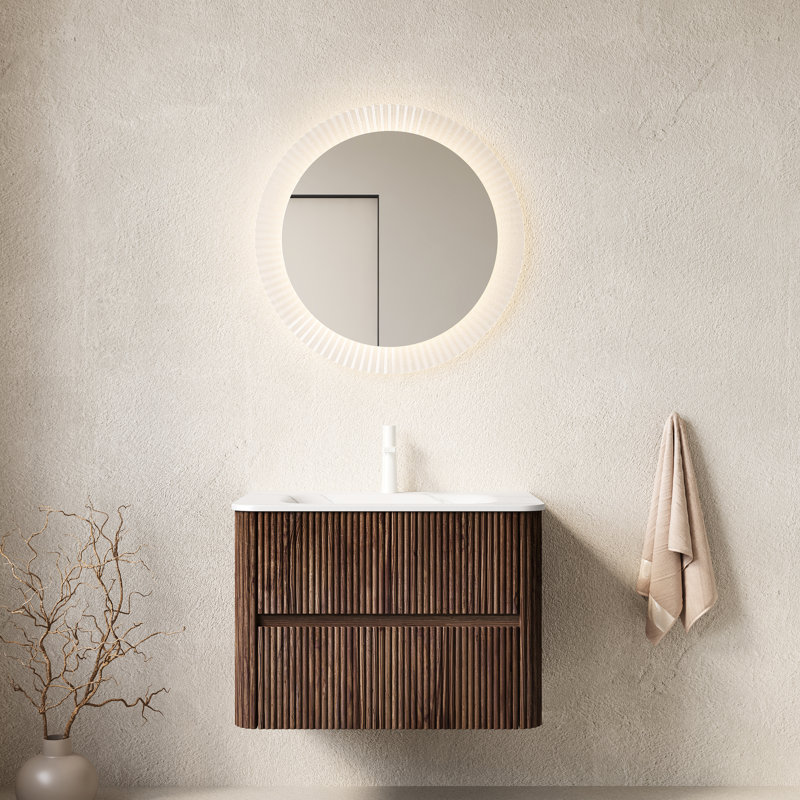 Armoire de meuble-lavabo flottant flottant en pierre frittée blanche à 2 tiroirs 30 po style scandinave rétro rayé noyer