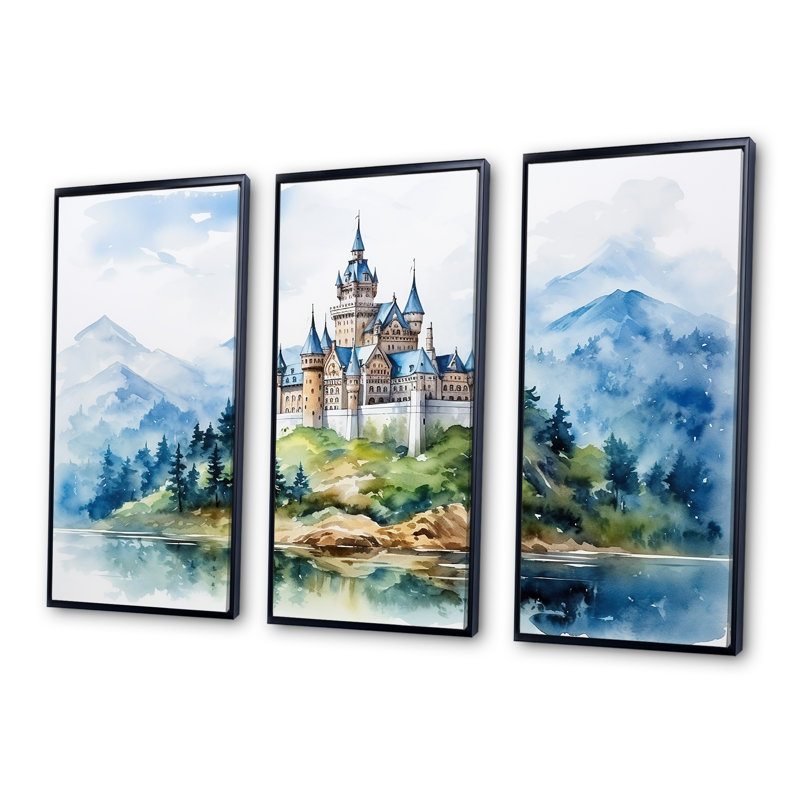 Moyen Âge, montagnes du château - châteaux, art mural, H 28 po x l 36 po x P 1 po, Cadre flottant noir