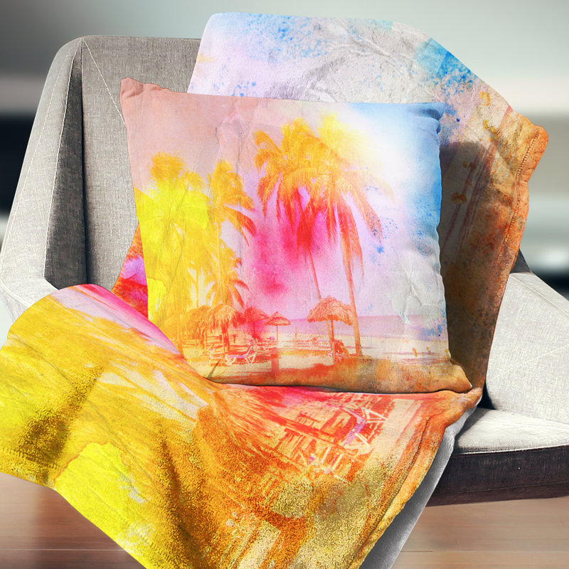 Coussin à imprimé aquarelle rétro - palmiers jaunes, 16 po x 1 po, Coussin décoratif