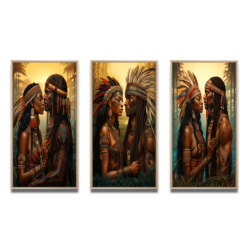 «Native Couple Celebrating Divine Love», 3 pièces, Cadre naturel flottant, H 32 po x l 48 po