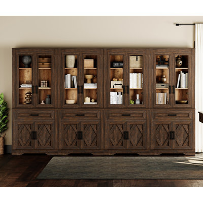 Bibliothèque à 5 niveaux avec porte de grange, bibliothèque de rangement ouverte de 73,3 po de hauteur, organisateur de présentoir de ferme au sol avec tiroir et porte vitrée pour bureau à domicile, salon, espresso
