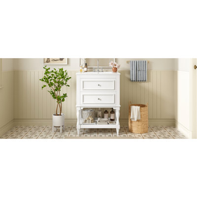 Meuble-lavabo de 24 po avec lavabo en céramique, armoire de luxe moderne, tablette ouverte et 2 tiroirs