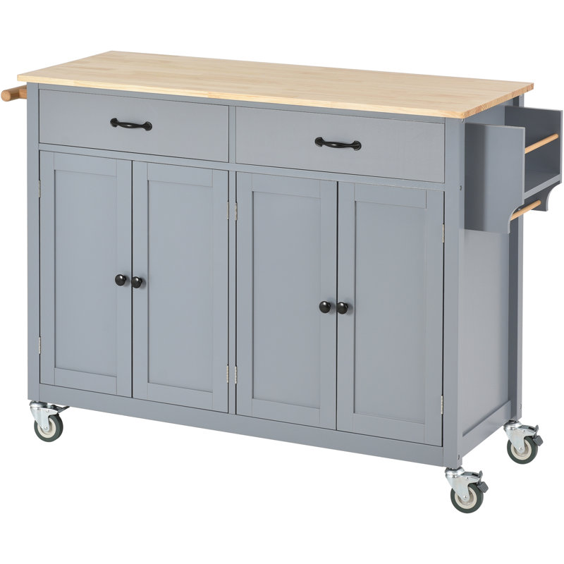 Kitchen Island Cart With Solid Wood Top And Locking Wheels, 4 Door Cabinet And Two Drawers, Spice Rack, Towel Rack, Blue