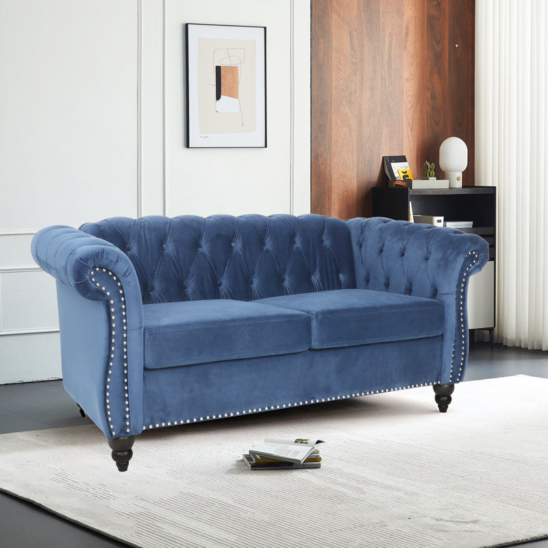 Johnette 62'' Velvet Rolled Arms Chesterfield Sofa, Blue Velvet