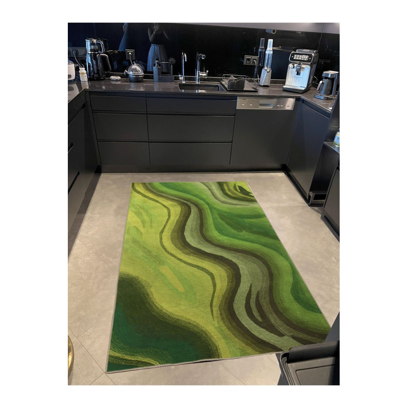 Tapis décoratif lavable à la machine vert à motif ondulé vert moderne, Tapis de couloir 3 pi 3 po x 6 pi 7 po
