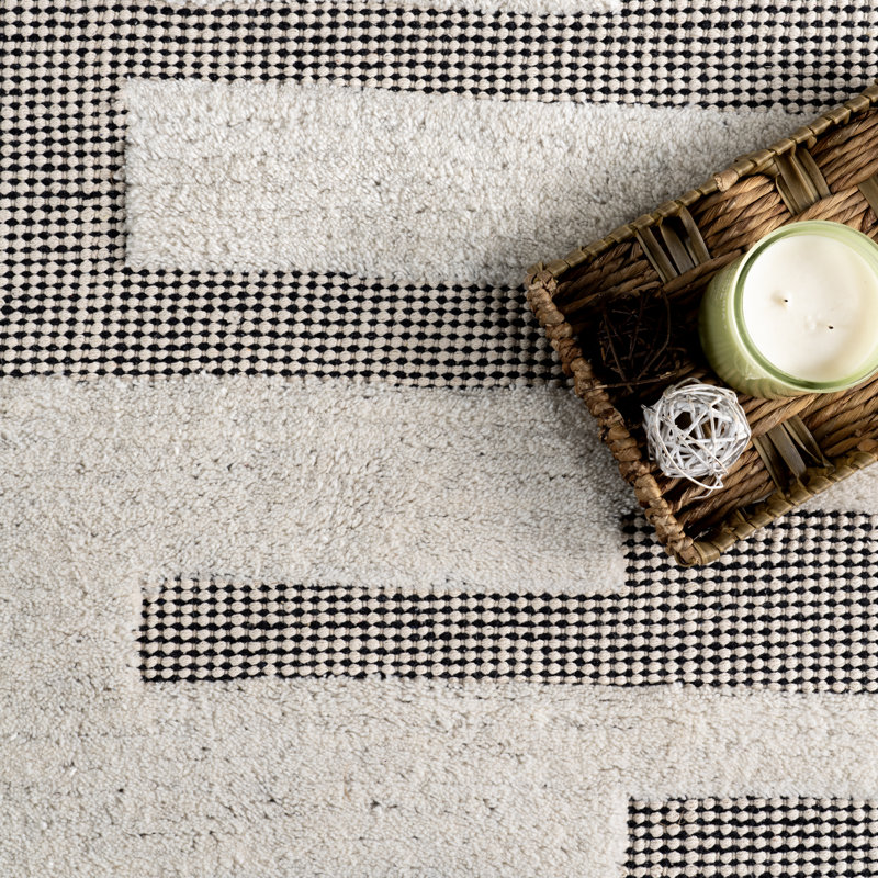 Ivory and Gray Handmade Wool Cotton Rectangular Area Rug, 9' x 12'
