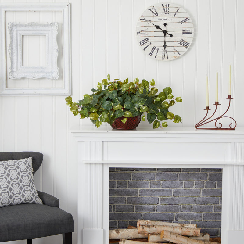 15'' Faux Pothos Plant in Wood Planter