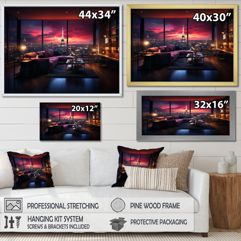 «Futuristic Paris Eiffel Tower Penthouse I», reproduction sur toile, 16" H x 32" W, Cadre flottant doré