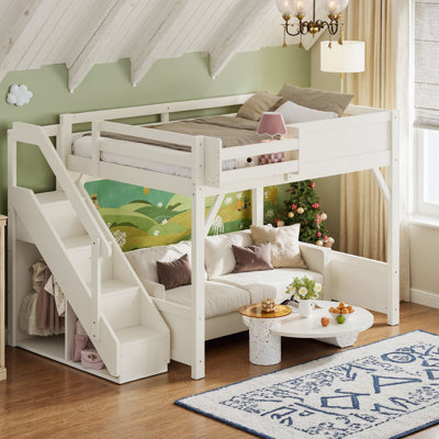 Full Size Loft Bed With Built-In Wardrobe, Storage Space & Stairs, Solid Wood Construction